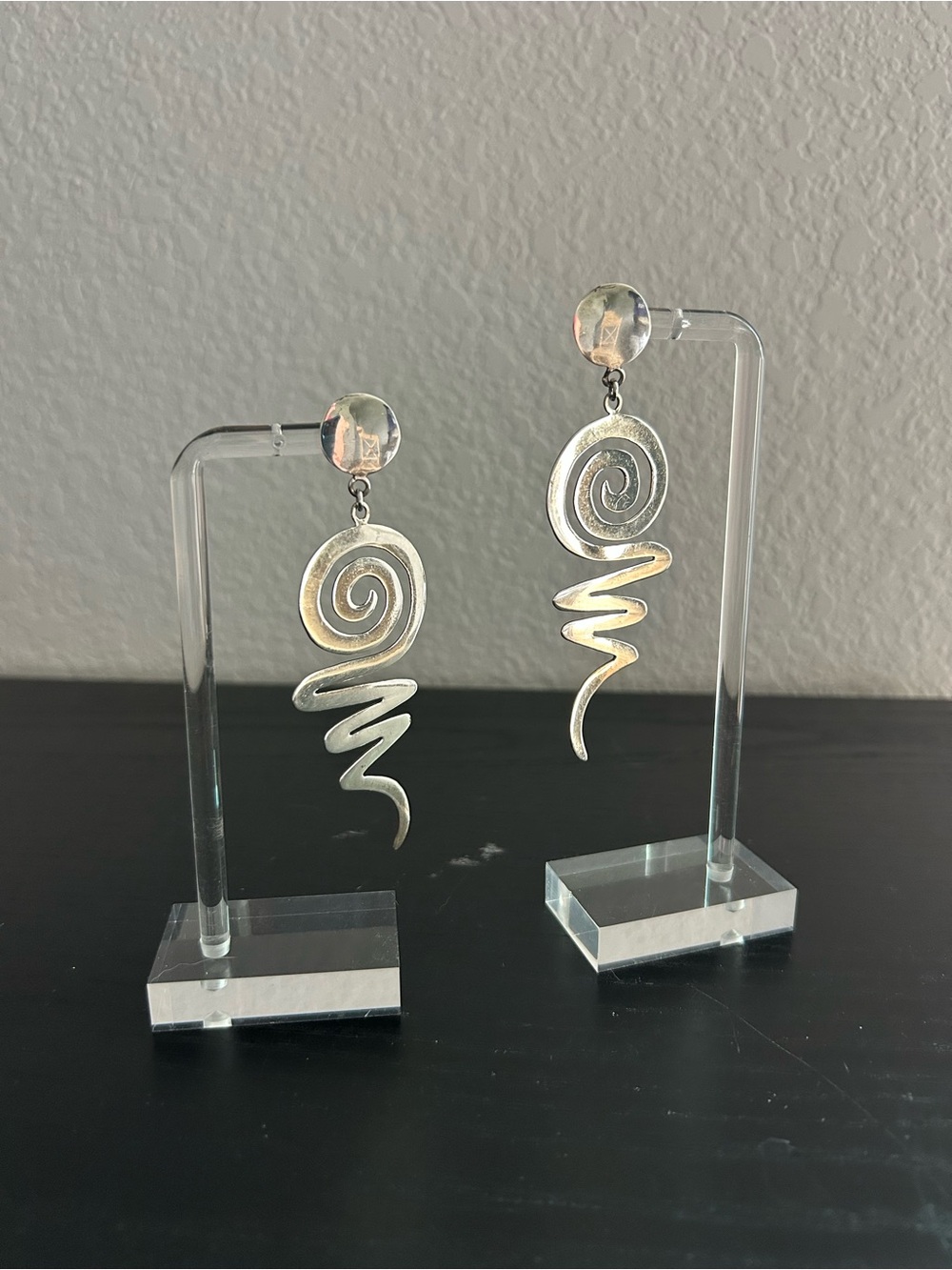 XL Spiral Squiggle Dangle Sterling Silver Statement Earrings - Vintage 1970s - Picture 3 of 9